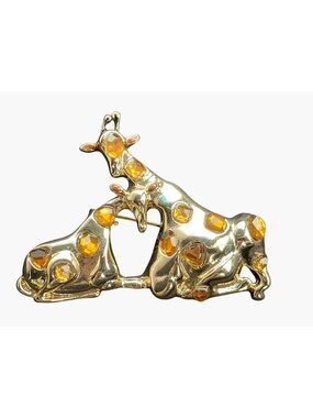 Napier Gold Tone Giraffe Brooch Amber Rhinestones Mother Baby Design  Vintage